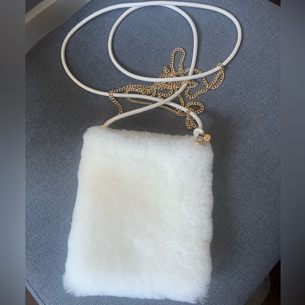 Brand New 100% lamb shearling mini cross body leather chain bag - ivory